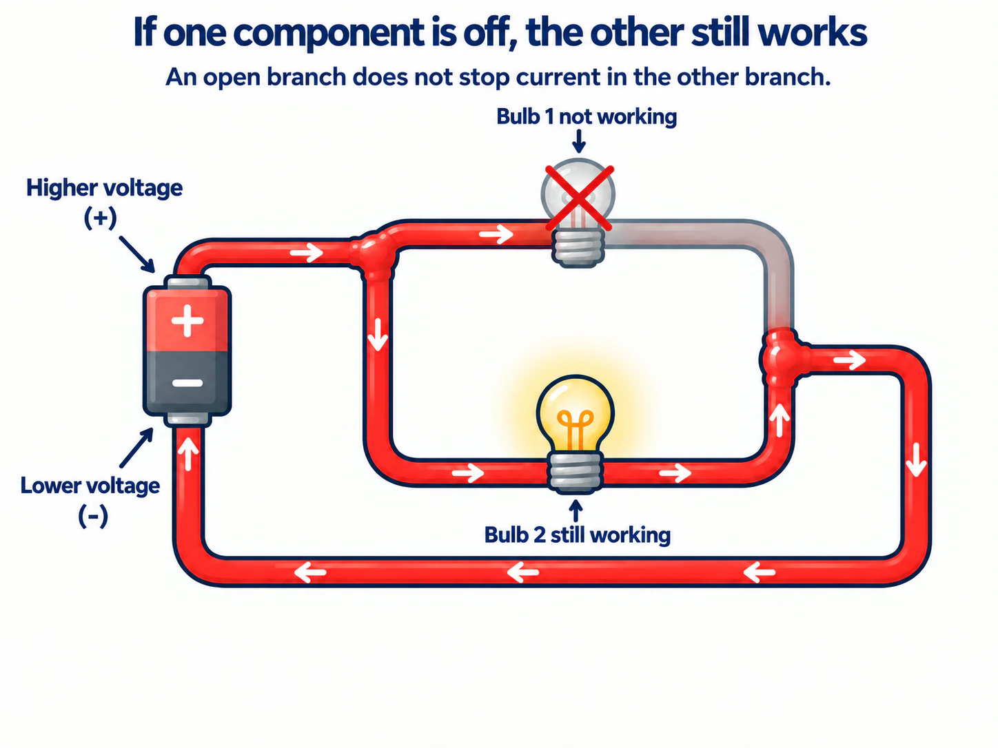 A parallel circuit with one open branch while the load on the other complete branch keeps working.