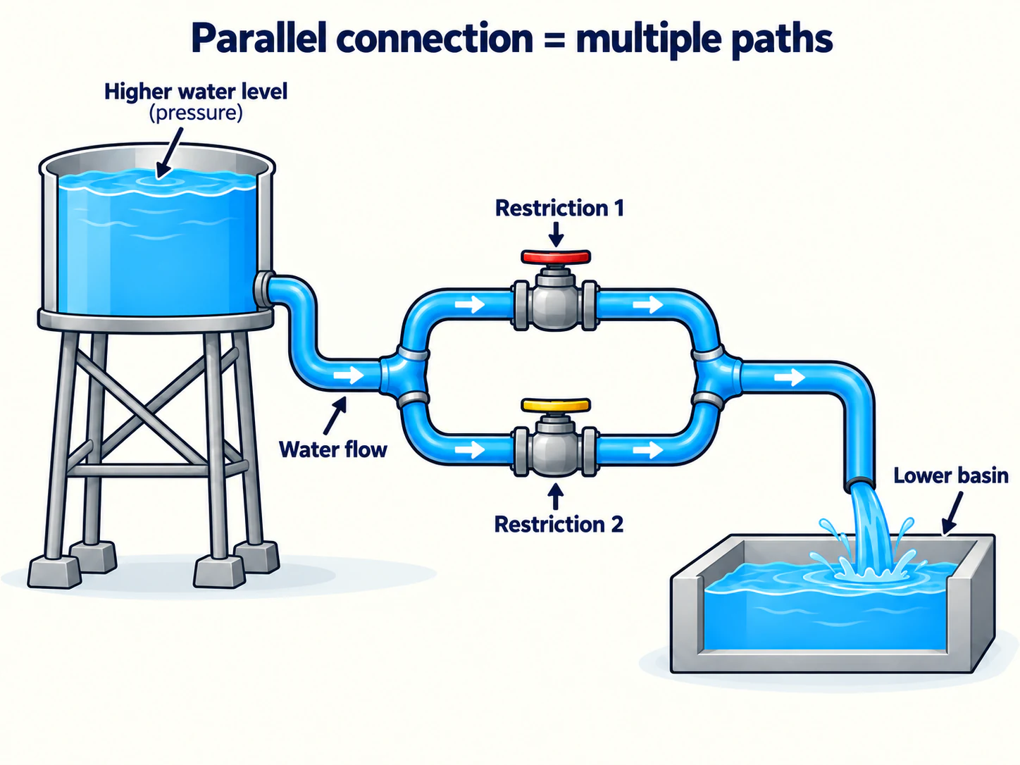 A water system where one pipe divides into two parallel paths before joining again.