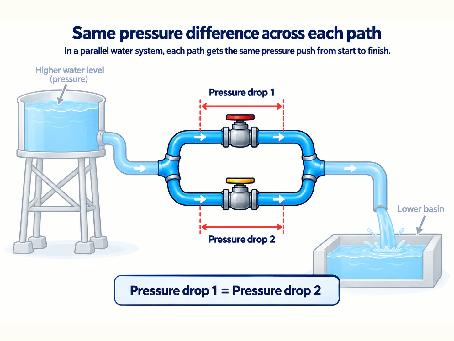 Two parallel water paths connected between the same higher and lower pressure points.
