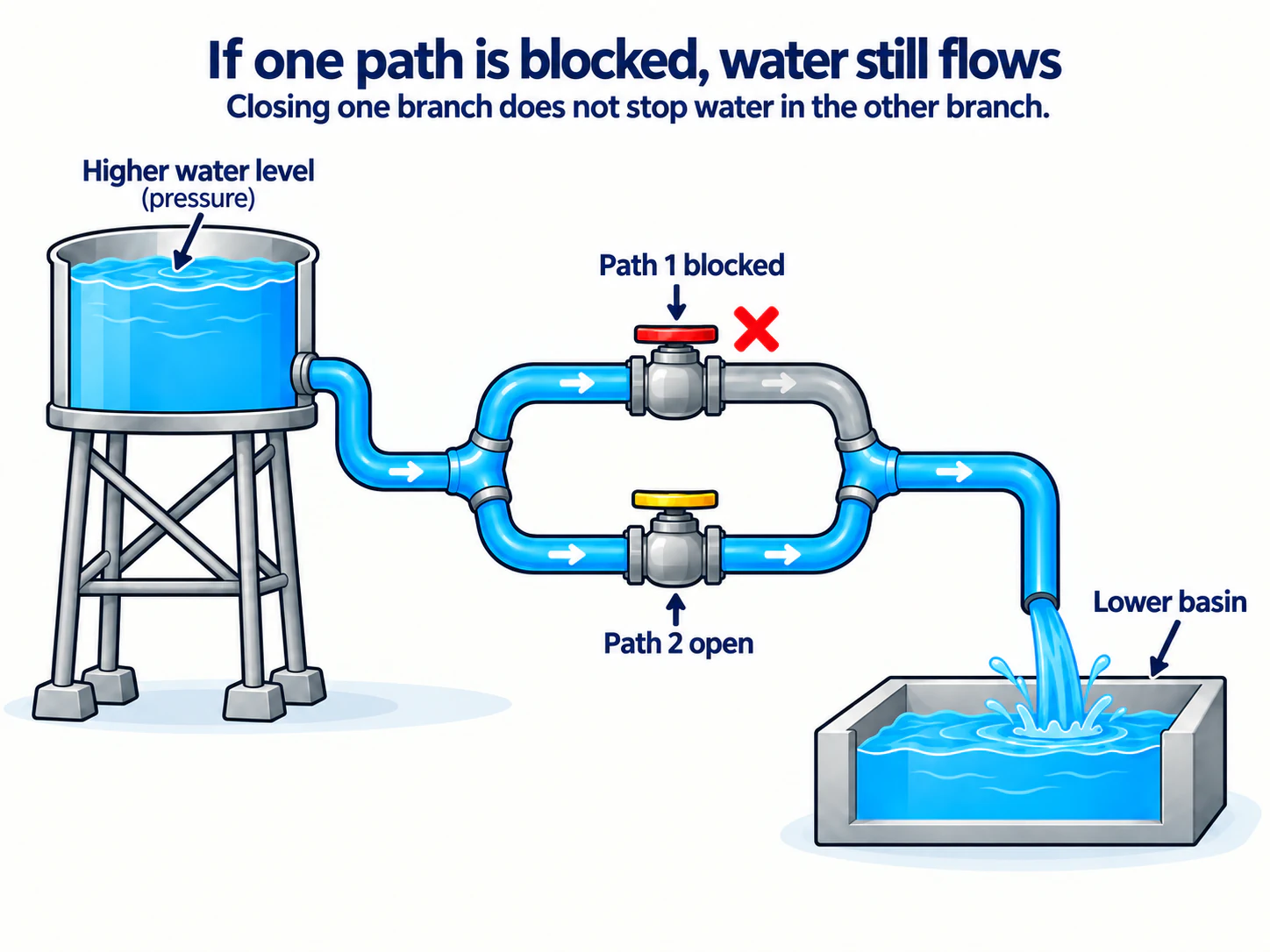 A parallel water system with one blocked branch while water continues through the other branch.