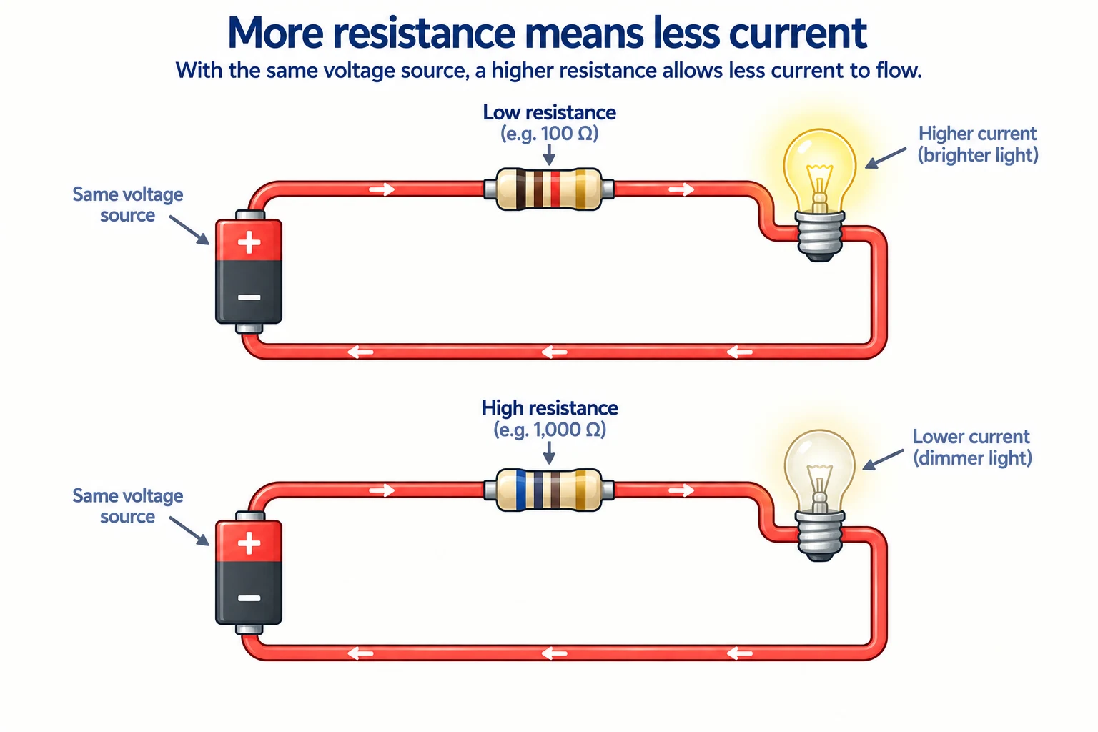 Two electrical circuits with the same voltage source but different resistance and current levels.
