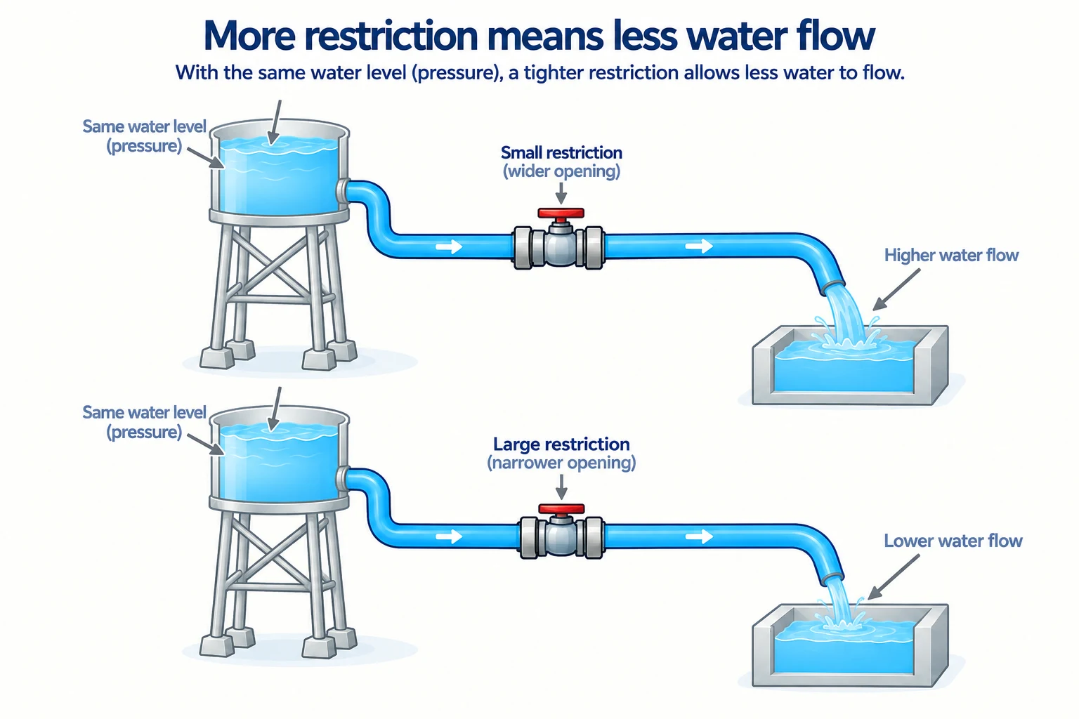 Two water systems with the same water-level difference but different restrictions and flow rates.