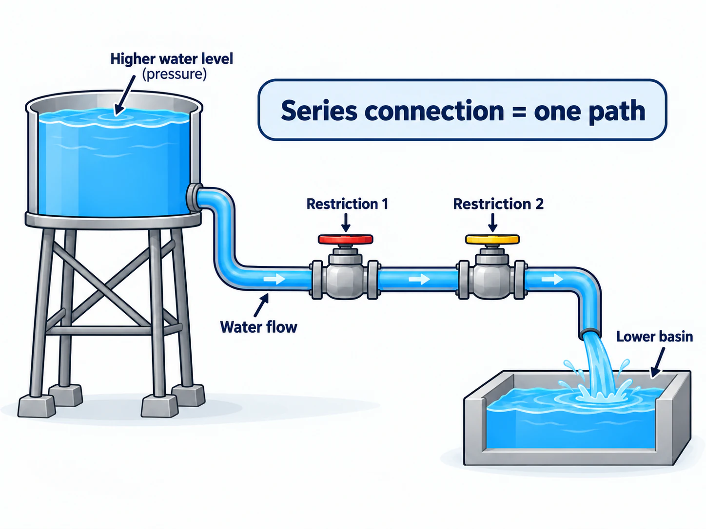 A water system with two restrictions connected along one continuous pipe path.