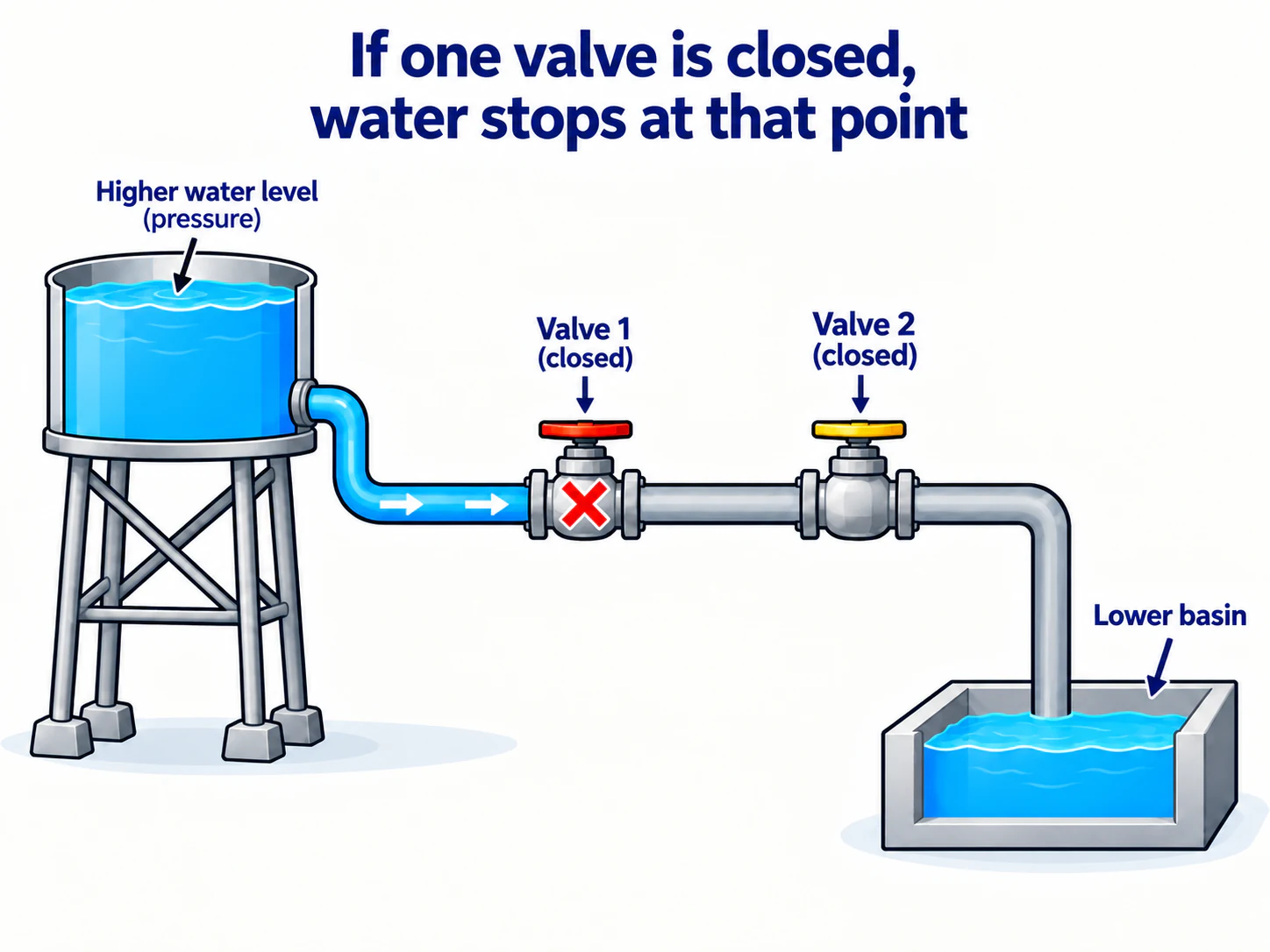 Water filling the pipe up to a closed valve, with no flow beyond the valve.