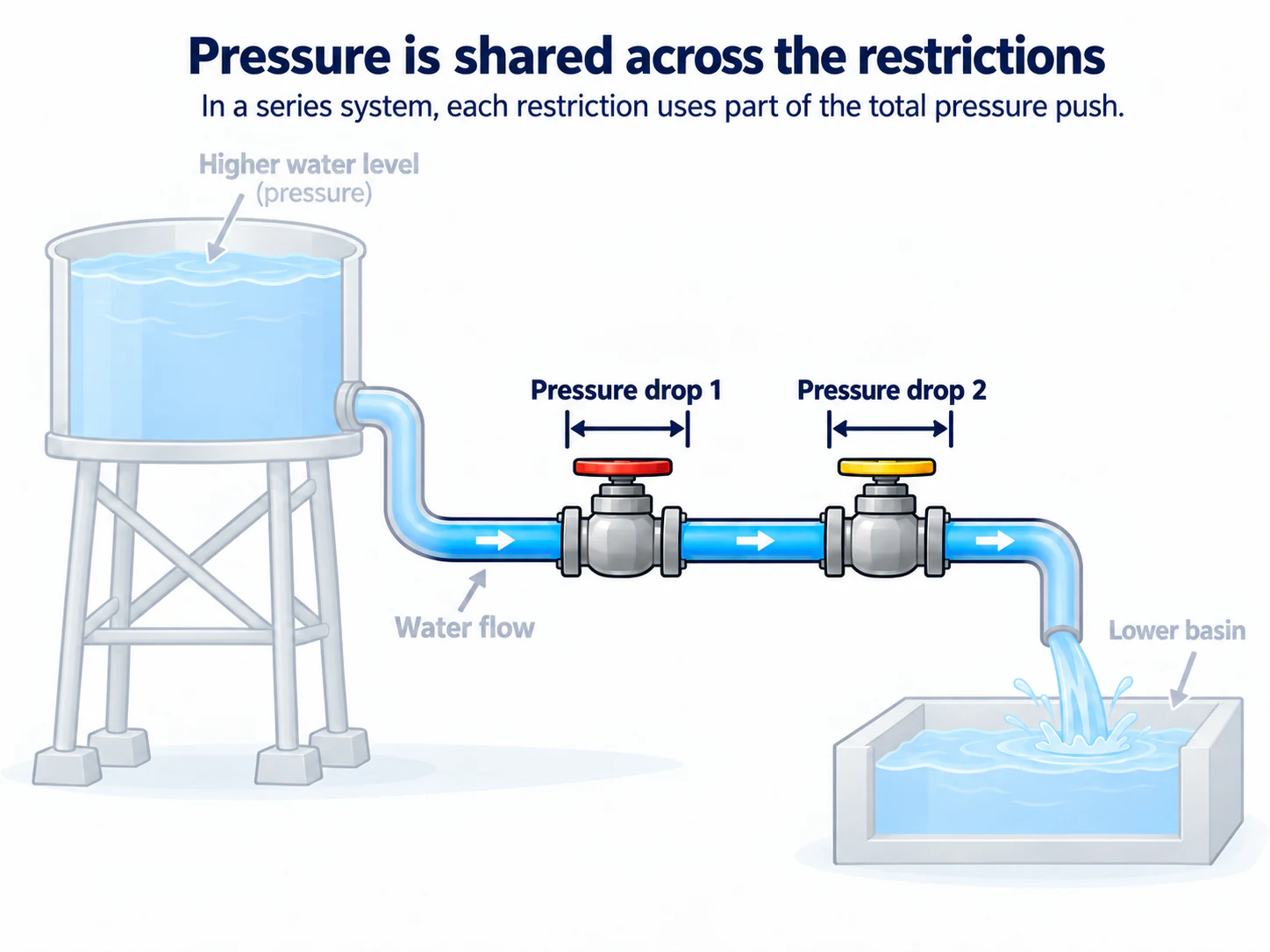 A one-path water system showing a pressure drop across each restriction.