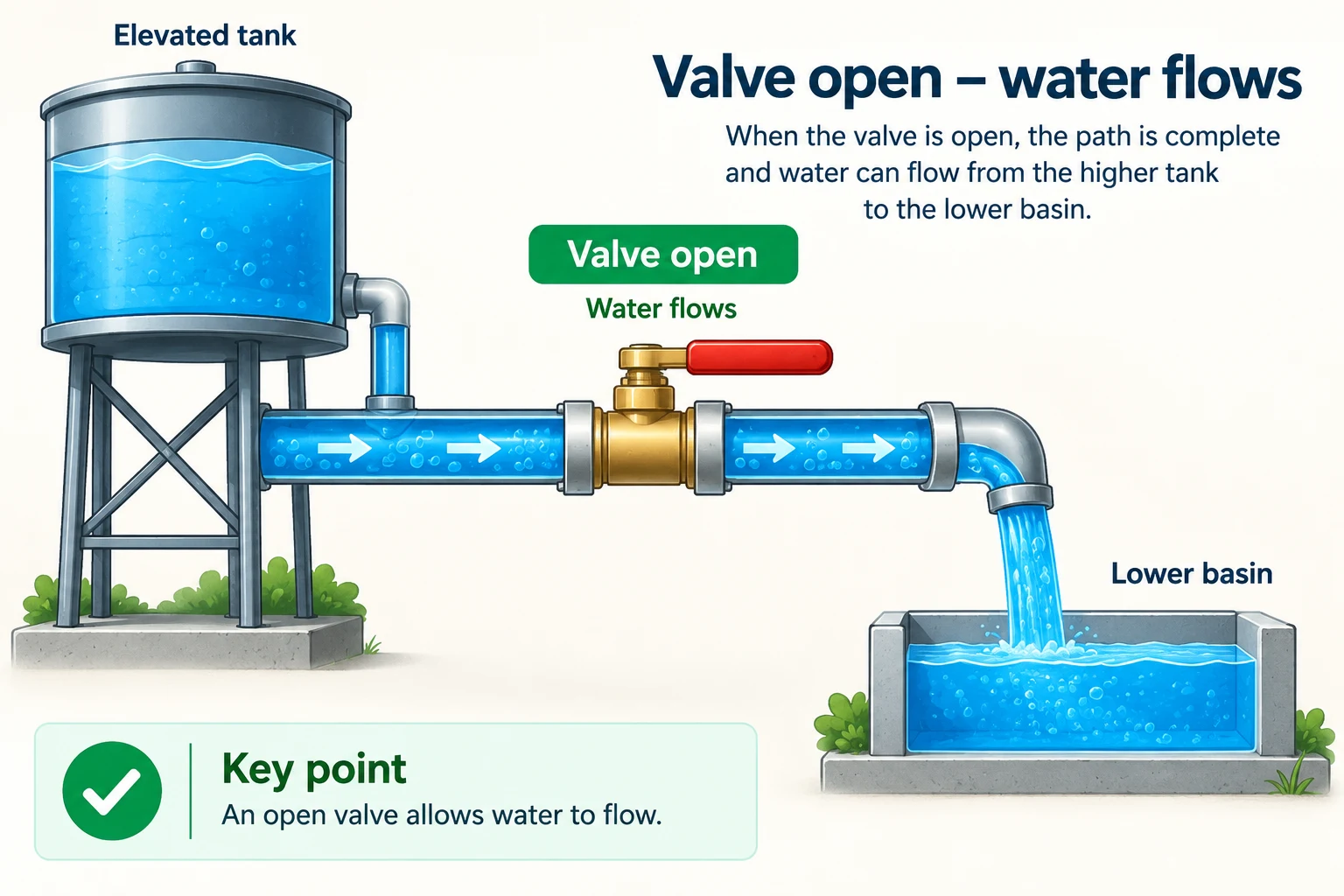 An open valve allowing water to flow from a higher tank into a lower basin.
