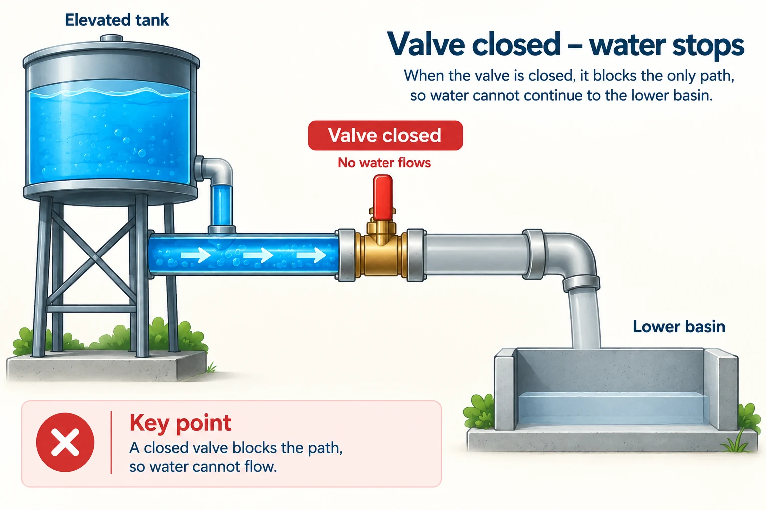 A closed valve stopping water after it reaches the valve from a higher tank.